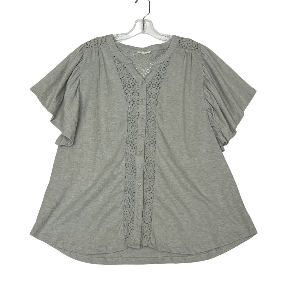 Easel Flutter Sleeve Button Up Lace Top Gray Womens Large